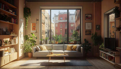 Sunlight filled apartment living room with sofa and houseplants