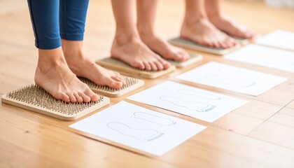 People standing on textured mats assessing foot impressions for health evaluation indoors
