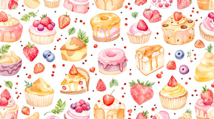 Watercolor Sweet desserts pattern on white background
