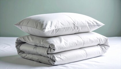 Soft white bedding stacked neatly on a bed, with a calming pastel background enhancing tranquility