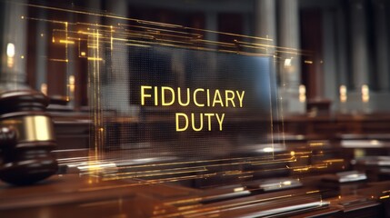 A digital-style graphic displaying the words "FIDUCIARY DUTY" with a gavel and blurred courtroom background, symbolizing legal responsibility and trust.