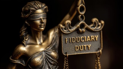A close-up of a blindfolded Lady Justice statue holding scales with a sign reading "Fiduciary Duty.