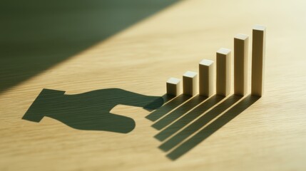 A hand shadow on a wooden surface points to ascending blocks, symbolizing growth, progress, and success.