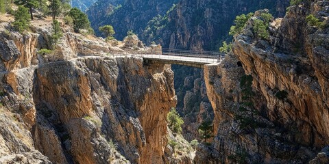 A narrow bridge crossing a canyon with sheer liffs