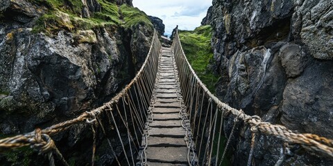 A narrow rope bridge hanging between two cliffs