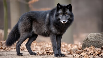 Fototapeta premium Majestic wolf standing proudly in the woods surrounded by trees and nature with eyes full of strength and wild spirit