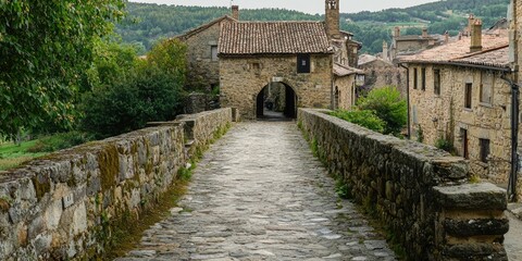 A narrow stone bridge in a European medieval village