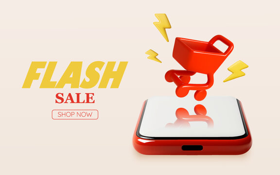 3D Flash Sale Illustration with Shopping Cart and Smartphone for Online Promotion