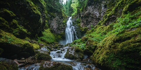 A narrow waterfall cascading down moss-covered rocks