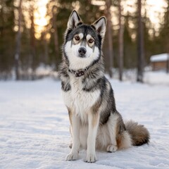 Fototapeta premium Majestic siberian husky sitting elegantly in the snow with striking blue eyes enhancing the beauty of the winter landscape