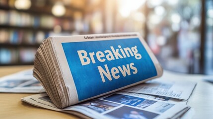 A Close-Up View of a Breaking News Newspaper on a Table Surrounded by Additional Papers in a Modern Library Setting With Soft Lighting