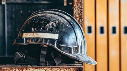 A Close-Up of a Worn Black Safety Helmet Resting on a Rustic Surface with Yellow Lockers in the Background, Symbolizing Construction and Worker Safety Culture