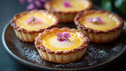 Four tarts with flowers on a dark plate.