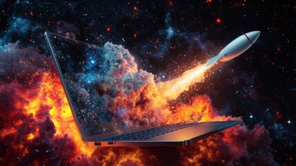 A Futuristic Laptop Image with Rocket Launching Into a Cosmic Environment, Representing Technology and Innovation with a Space Theme