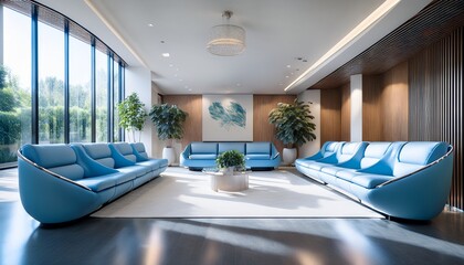 Fototapeta premium modern interior design of a spacious waiting area featuring light blue sofas contemporary artwork and elegant lighting creating a welcoming atmosphere for visitors and clients