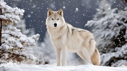 Naklejka premium Majestic wolf standing in the snowy wilderness with a powerful presence and beautiful white fur in winter scenery