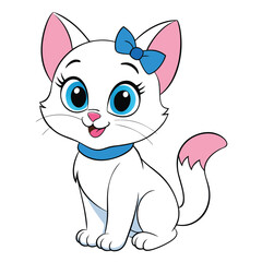 A sweet white kitten with a blue bow sits politely