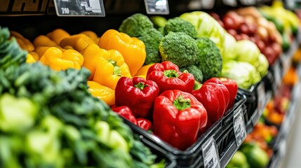 A Vibrant Display of Fresh Vegetables in a Bountiful Grocery Store Produce Aisle Featuring Colorful Bell Peppers, Broccoli, and Leafy Greens