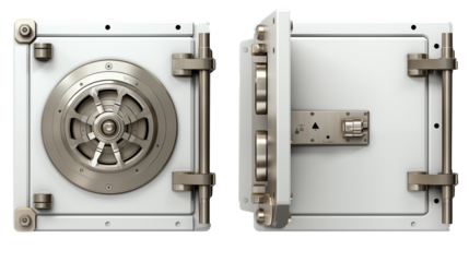 A view of two metal bank vaults one closed and one open showing the locking mechanism