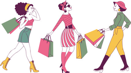Shopping Girls. a stylish vector illustration of three fashionable young women shopping. Each woman should have a distinct outfit and pose, holding multiple colorful shopping bags.