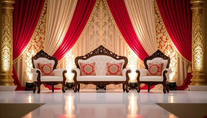 Luxurious Indian wedding stage with brocade backdrop and thrones with embroidered cushions