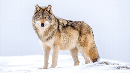 Naklejka premium Majestic wolf standing proudly in the snow with a pure white background creating a stunning and striking contrast