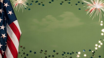 Patriotic 4th of July Background with American Flag and Fireworks