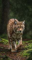 Obraz premium Rain-Kissed Lynx: A Hunter's Gaze