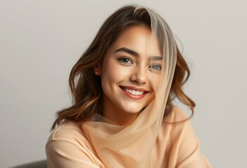 Naklejka premium Soft, ethereal portrait of a young woman with silk fabric wrapping her face