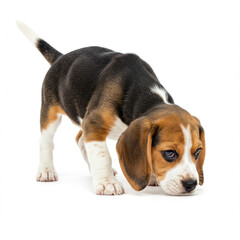 Adorable Beagle Puppy Sniffing the Ground, Isolated on White. High Detail, 8k.