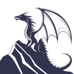 Obraz premium Majestic Dark Dragon Silhouette on Mountain Peak, Dramatic Vector Art