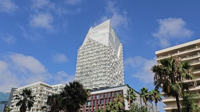 Casablanca, Morocco - 8 July 2025: 4k video of Casablanca Finance City. CFC buildings outdoor on a sunny day. Casablanca, Morocco