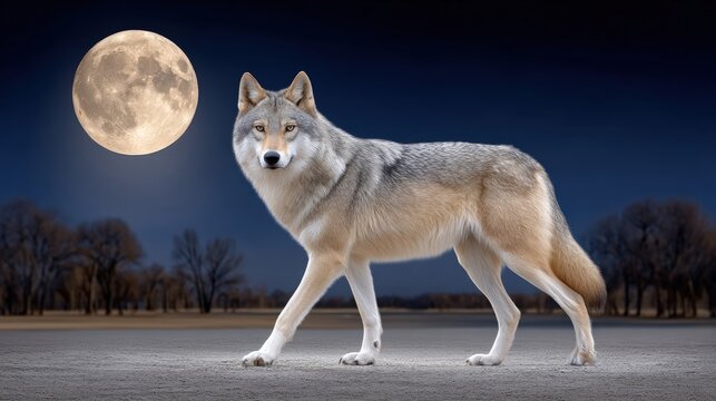 Majestic wolf stands proudly in a lush green field under the bright sunlight with a menacing stare and wild presence