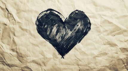 Artistic Black Heart on Crumpled Background Reflecting Emotion and Creativity, Perfect for Love and Friendship Themes in Art and Design Projects