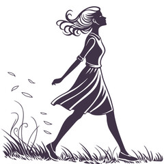 Elegant Woman Walking in Grass, Silhouette Style, Serene Mood
