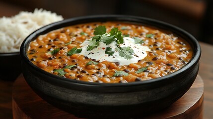 Fototapeta premium Comforting bowl of dal makhani topped with cream and butter served with a side of jeera rice and fresh coriander garnish radiating warmth