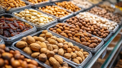 Assorted Nuts and Dried Fruits in Clear Containers at a Marketplace, Displaying a Variety of Natural Snacks for Health-Conscious Consumers and Culinary Enthusiasts