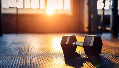 hex dumbbell on gym floor with sunlight in background