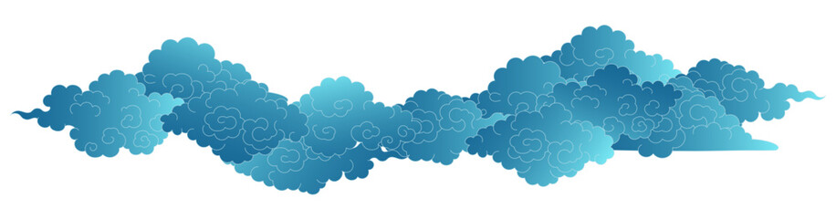 Line drawing Asian clouds border isolated, blue on transparent. Hand drawn vector illustration. Chinese, Japanese, Korean design elements, clip art. Traditional Buddhist thangka art