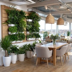 Fototapeta premium Elegant dining room featuring plants on the wall creating a lush biophilic design for a modern and inviting atmosphere