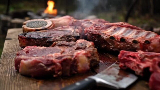 Carnivore Feast &ndash; Juicy Grilled Meat on Rustic Wooden Table with Fire and Smoke