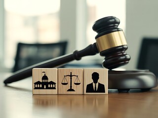 Wooden cubes with law symbols and gavel in office setting justice legal