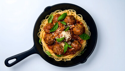 Overhead Shot of Delicious Spaghetti and Meatball Meal Served in Skillet