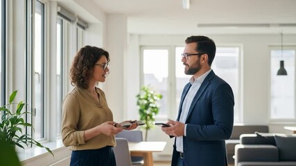 Professional conversation between two people in a modern office setting - Powered by Adobe