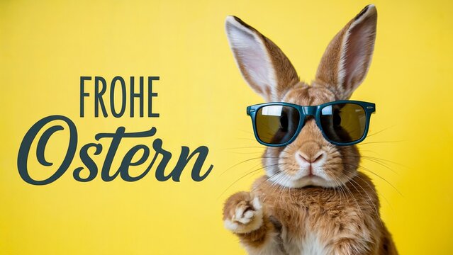 Easter background: Cool Easter Bunny Wearing Sunglasses On Yellow Background With Frohe Ostern Text