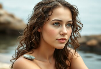 Serene woman with wet hair and river stones