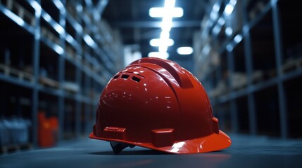 Bright Red Construction Helmet on Work Surface in Warehouse Environment with Blurred Shelves and Industrial Lighting in Background