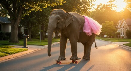 Elephant Wearing Pink Tutu Walks Down Street at Sunset