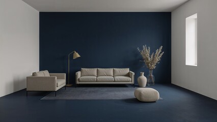 Minimalist spacious living room with navy blue background	
