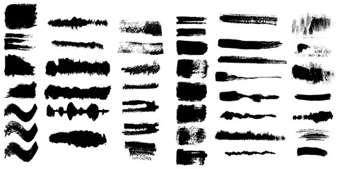 Collection of vector paint brush stroke, ink splatter, grunge line and artistic design elements. Dirty overlay, watercolor splash, black silhouette and torn paper set. Social media business banner art